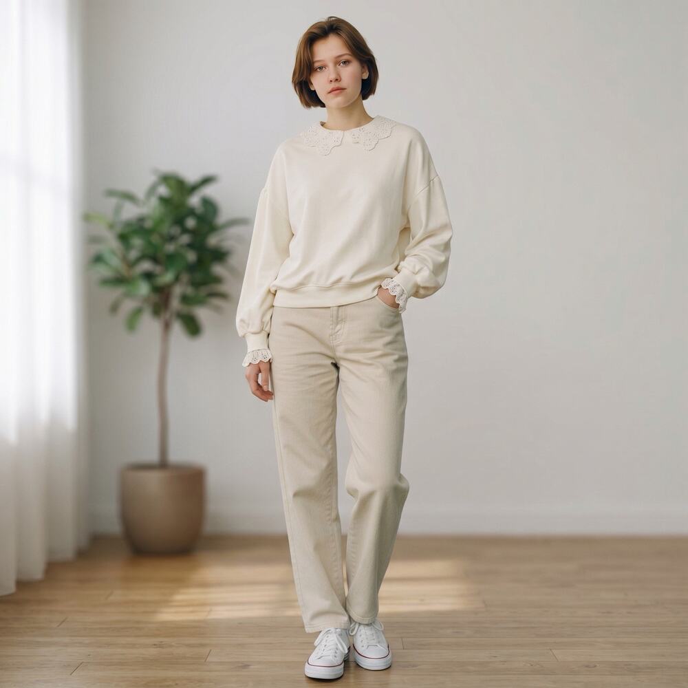 JCrew Womens Sweatshirt Ivory Large Peter Pan Collar Minimalist Cottagecore Boho